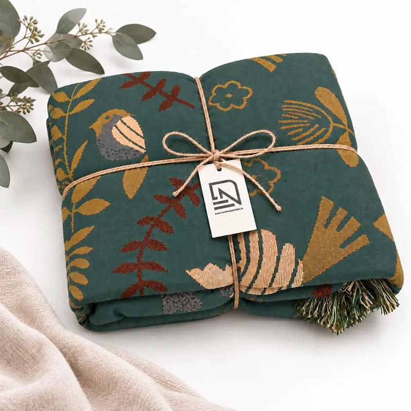 Throw Blanket 100% Cotton Reversible Bird Pattern