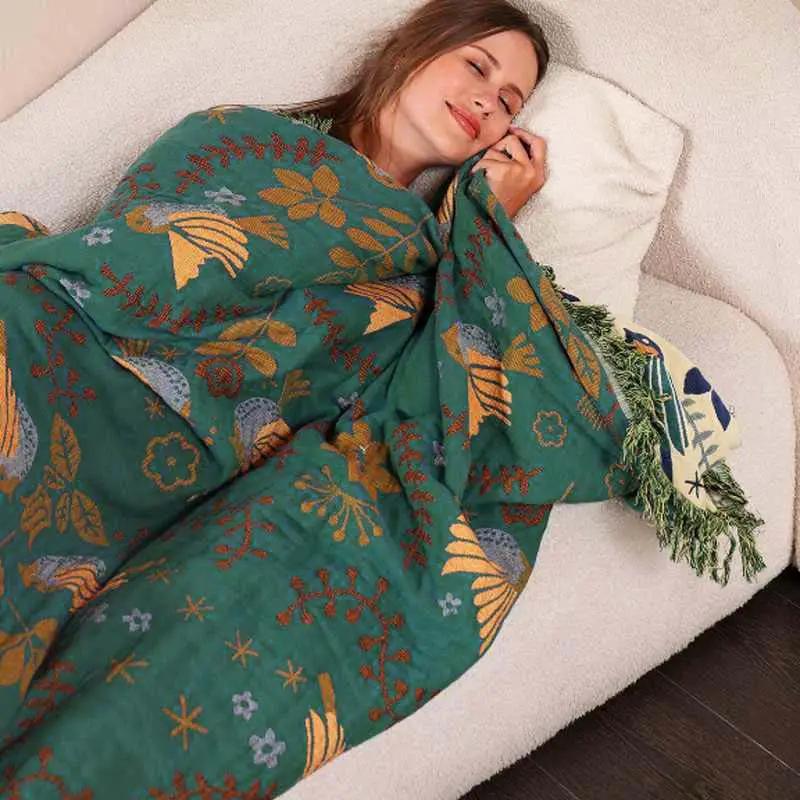 Throw Blanket 100% Cotton Reversible Bird Pattern