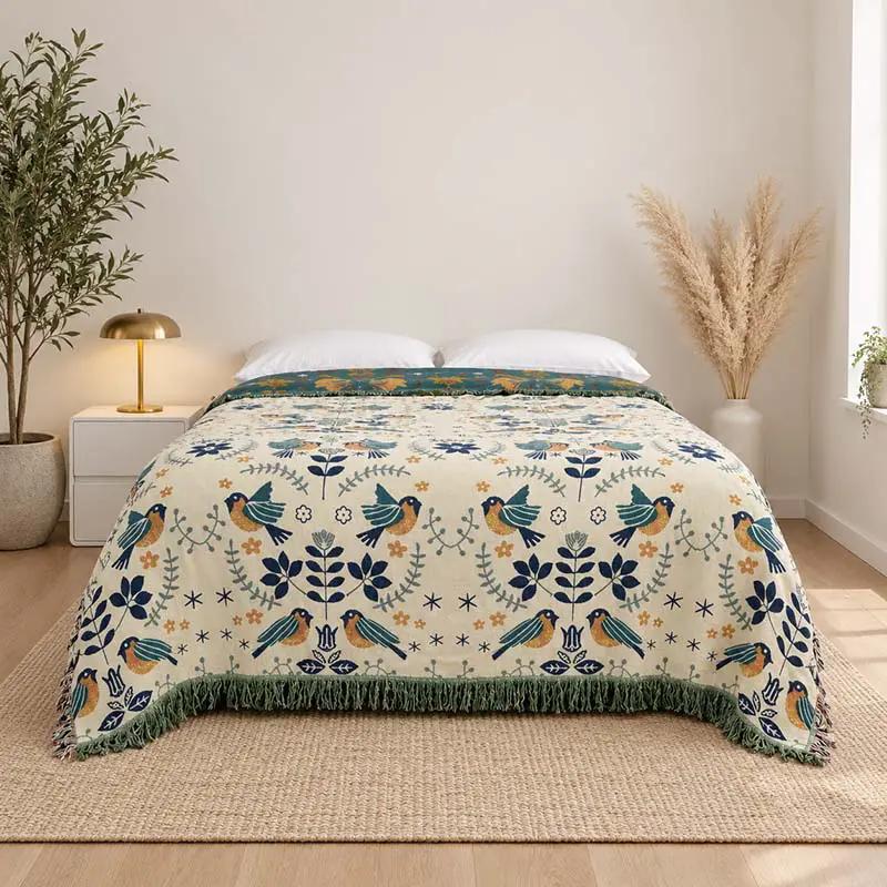 Throw Blanket 100% Cotton Reversible Bird Pattern