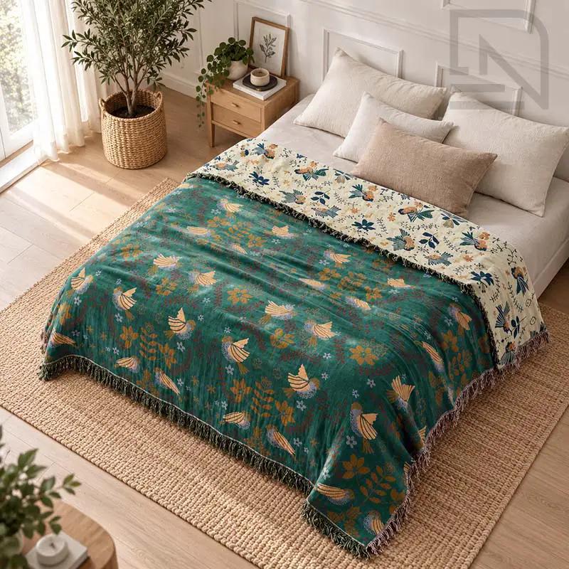 Throw Blanket 100% Cotton Reversible Bird Pattern