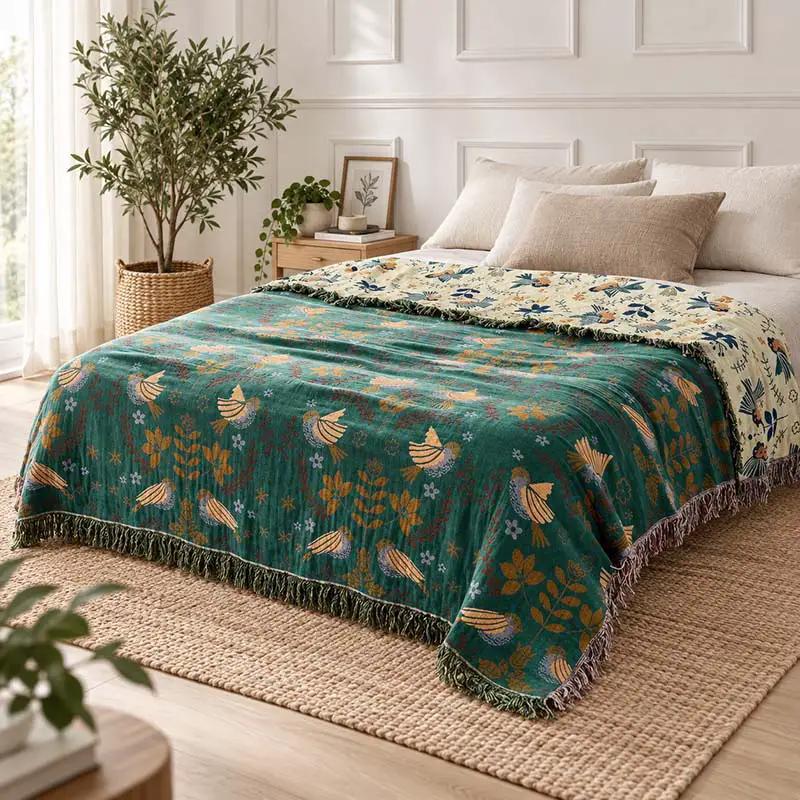 Throw Blanket 100% Cotton Reversible Bird Pattern
