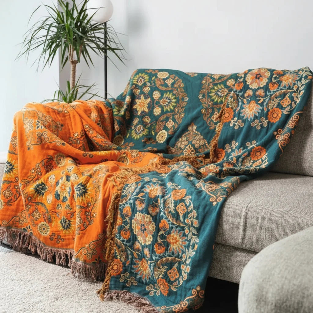 Throw Blanket Cotton Gauze Lightweight & Breathable Reversible Floral