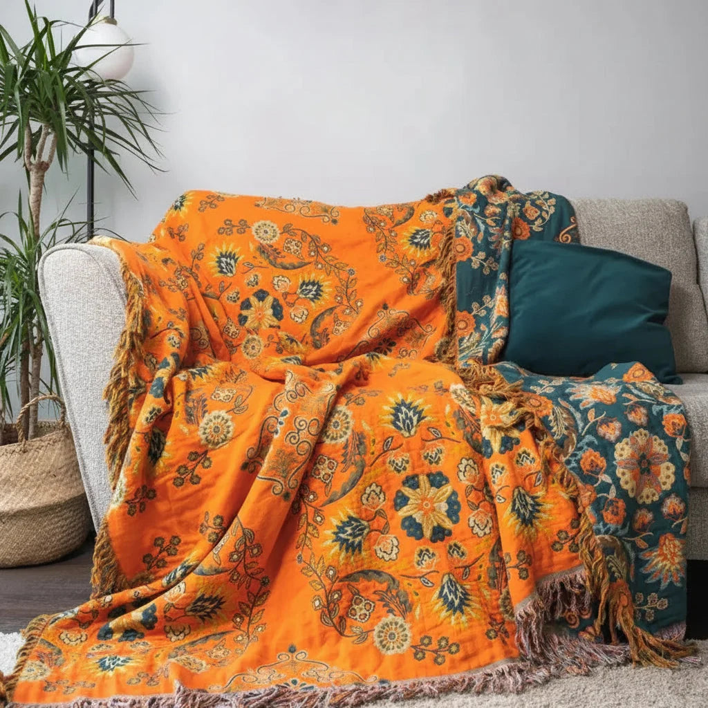 Throw Blanket Cotton Gauze Lightweight & Breathable Reversible Floral