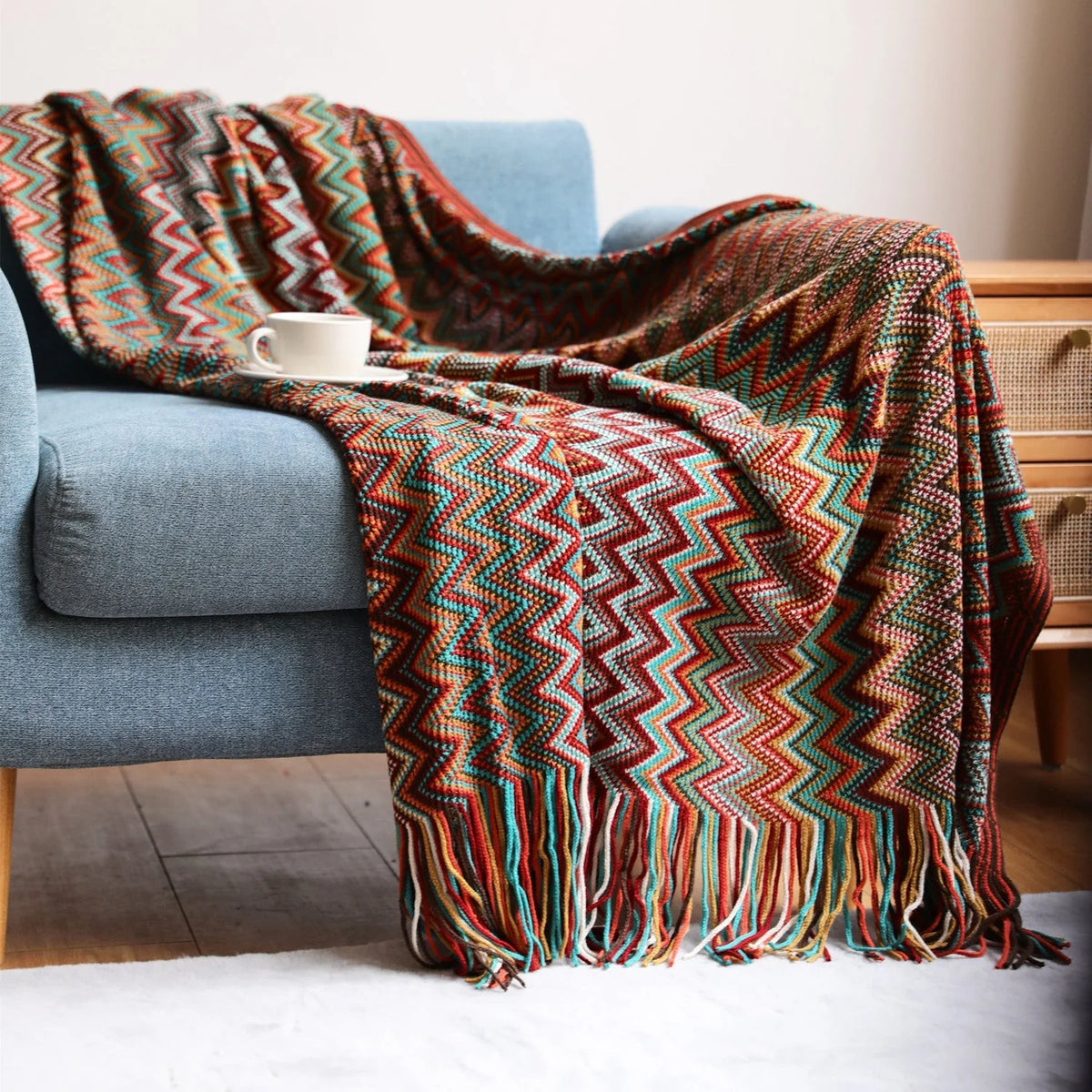 Throw Blanket Hand-Knitted Chevron Pattern Fringed Edges