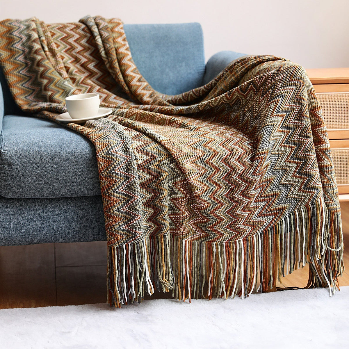 Throw Blanket Hand-Knitted Chevron Pattern Fringed Edges