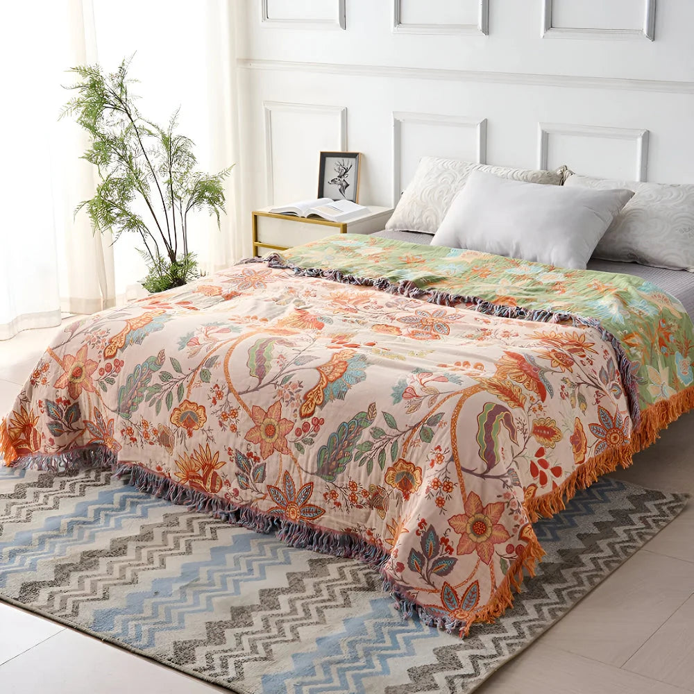 Throw Blanket Hand-Knotted Fringe Muted Floral