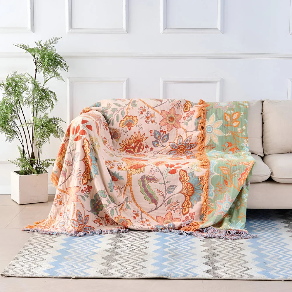 Throw Blanket Hand-Knotted Fringe Muted Floral