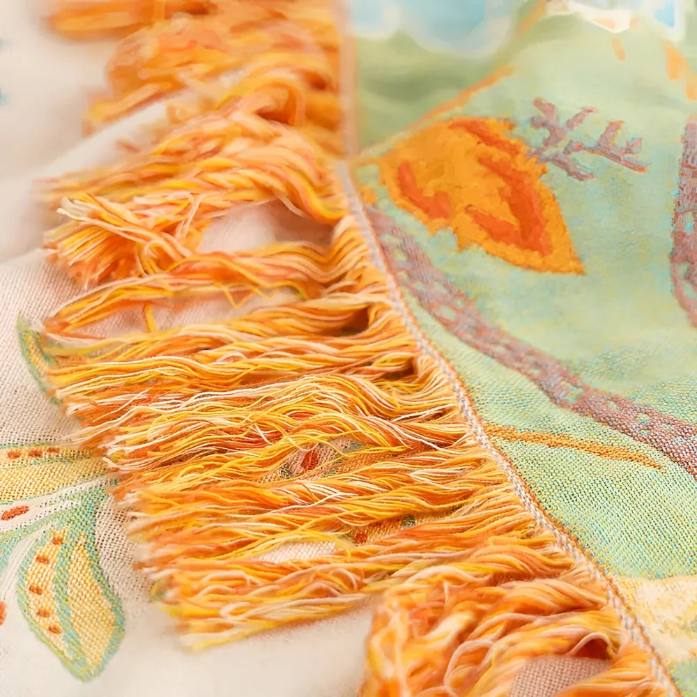 Throw Blanket Hand-Knotted Fringe Muted Floral