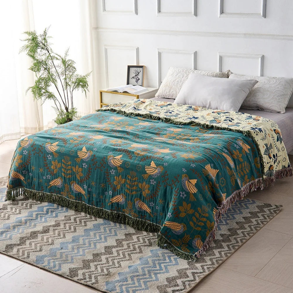 Throw Blanket Reversible Woven Scandinavian Bird Motif