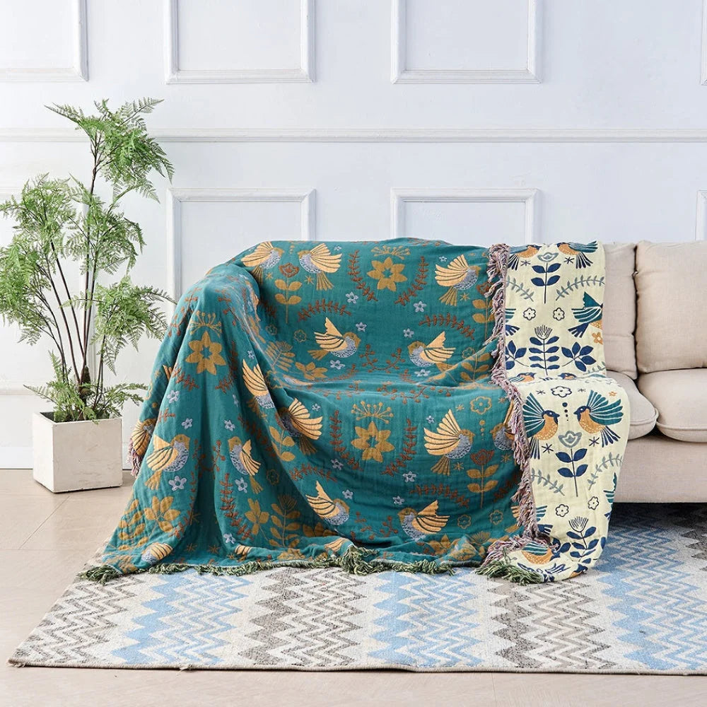 Throw Blanket Reversible Woven Scandinavian Bird Motif