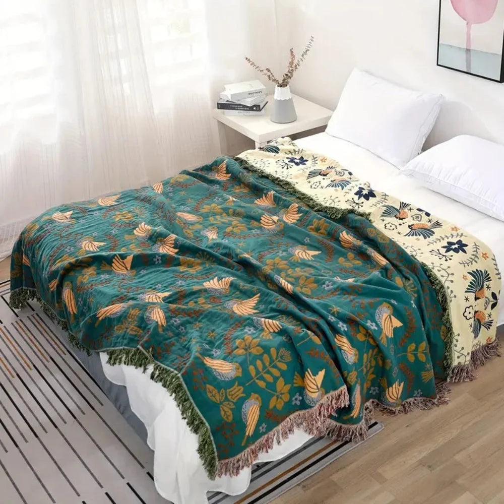 Throw Blanket Reversible Woven Scandinavian Bird Motif