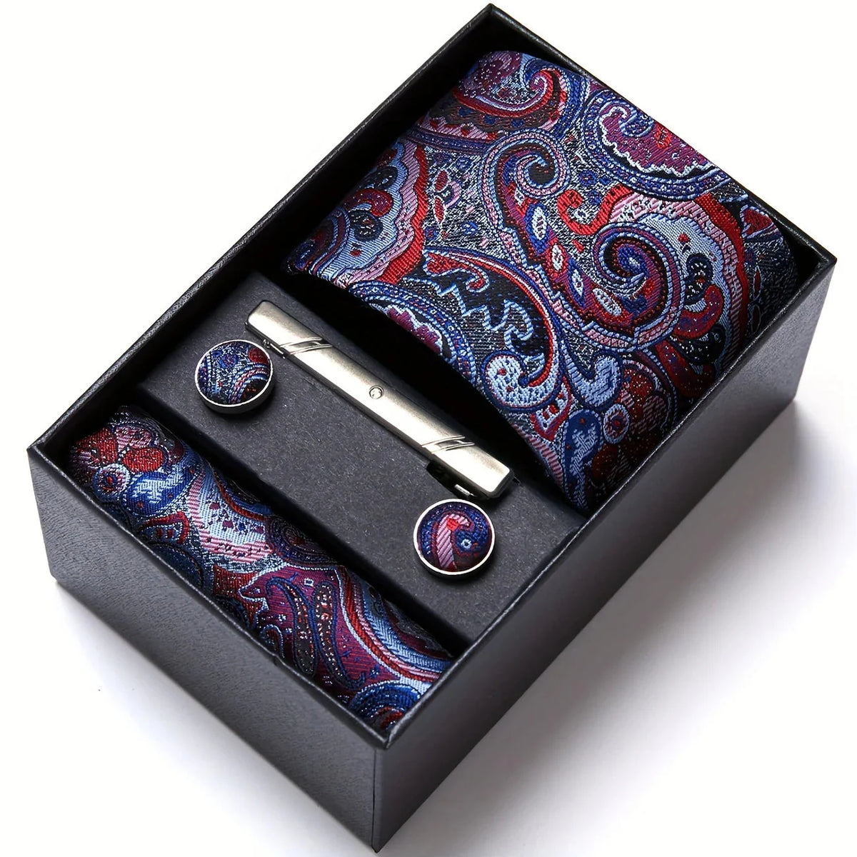 Tie Set Paisley Pocket Square, Tie Clip & Cufflinks