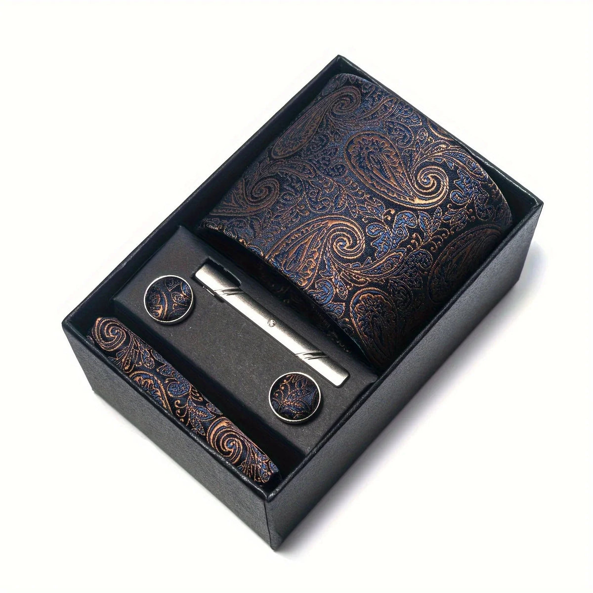 Tie Set Paisley Pocket Square, Tie Clip & Cufflinks