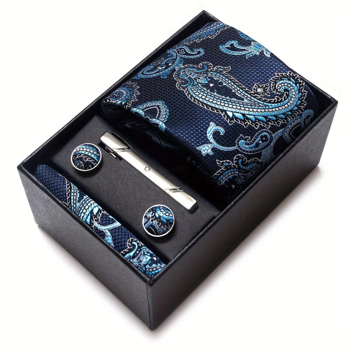 Tie Set Paisley Pocket Square, Tie Clip & Cufflinks