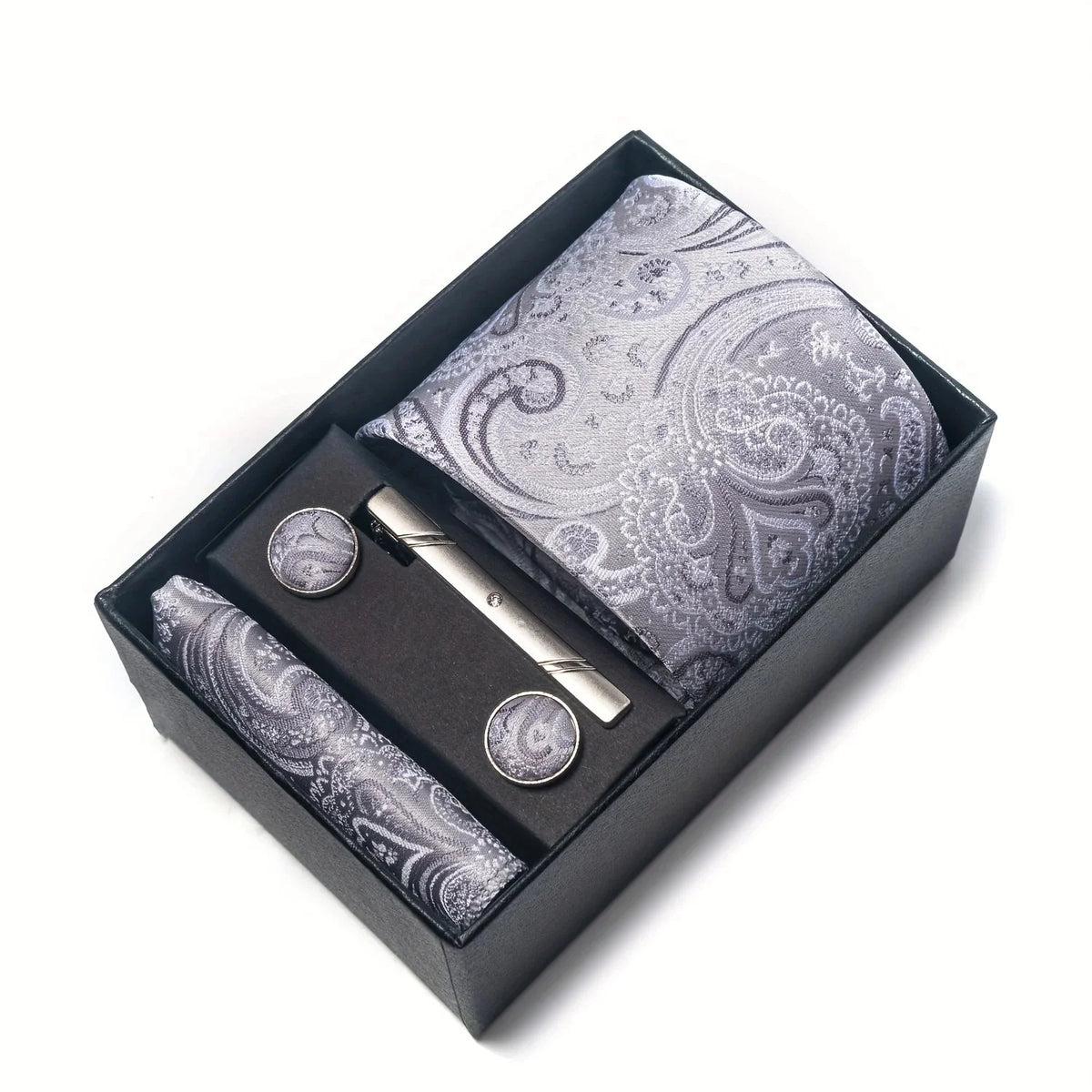 Tie Set Paisley Pocket Square, Tie Clip & Cufflinks