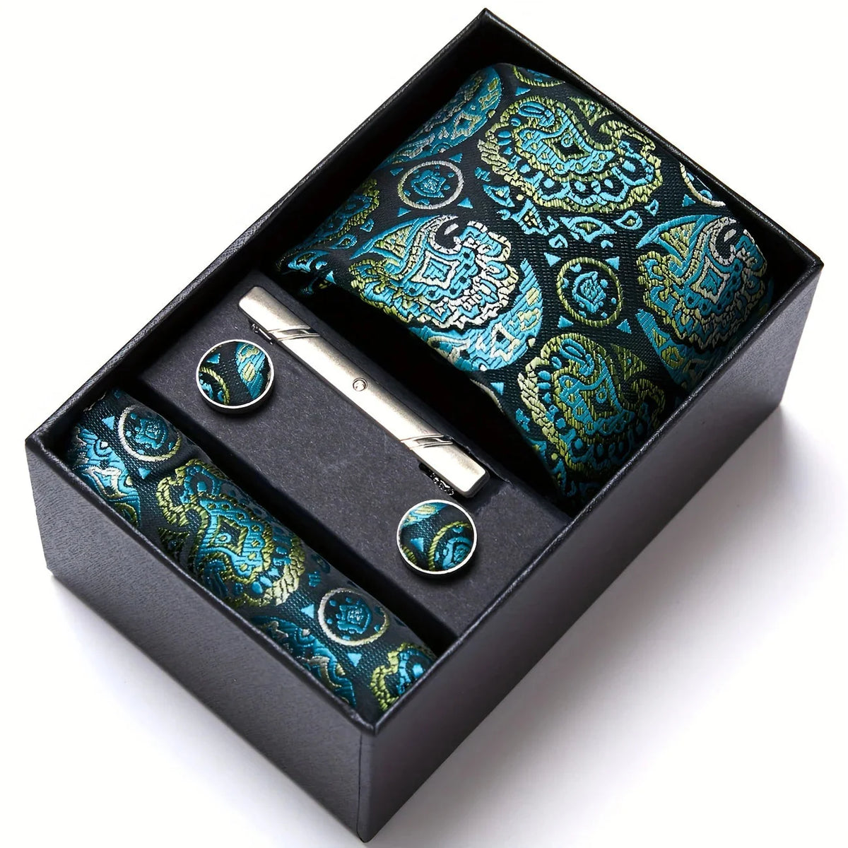 Tie Set Paisley Pocket Square, Tie Clip & Cufflinks