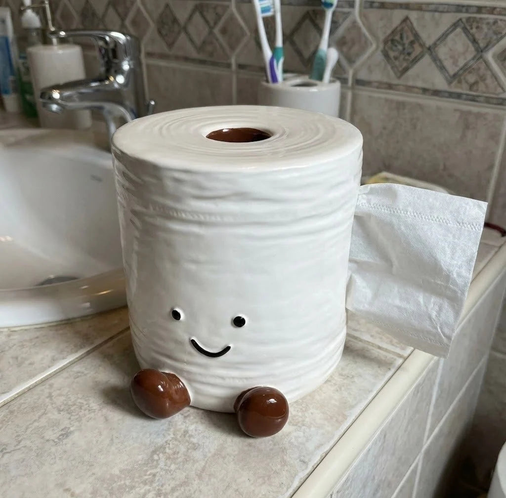 Tissue Box Holder Ceramic Smiley Character Design Top-Loading Access