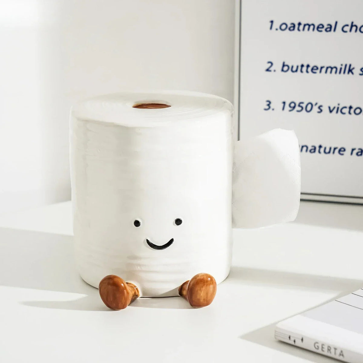 Tissue Box Holder Ceramic Smiley Character Design Top-Loading Access