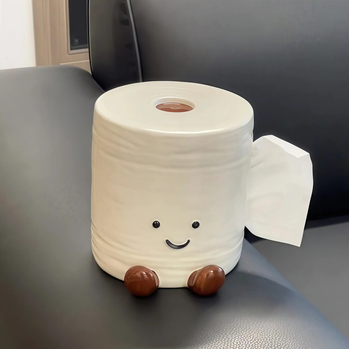 Tissue Box Holder Ceramic Smiley Character Design Top-Loading Access