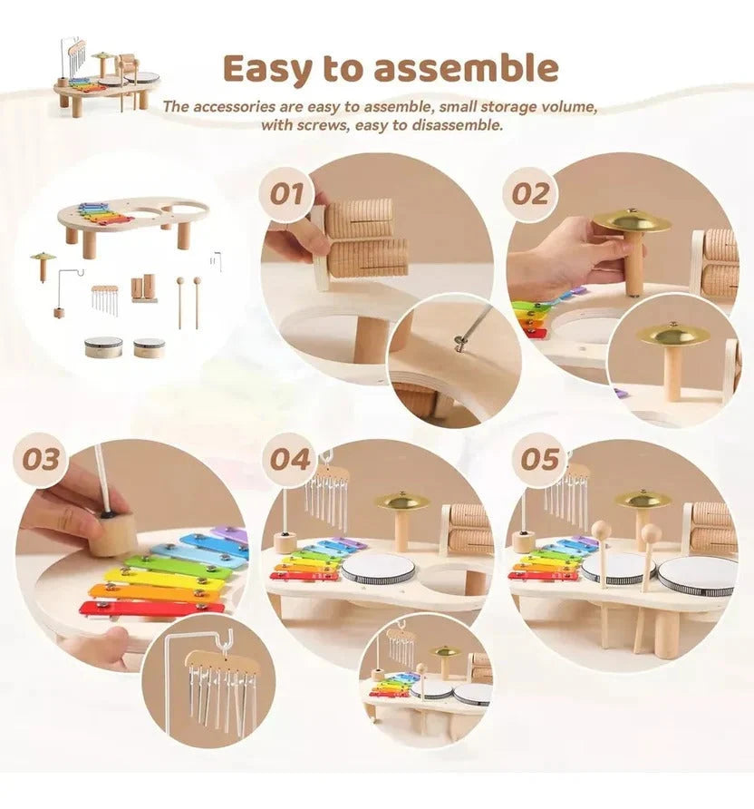 Toddler Drum Kit Wooden 8-Note Xylophone & Cymbal