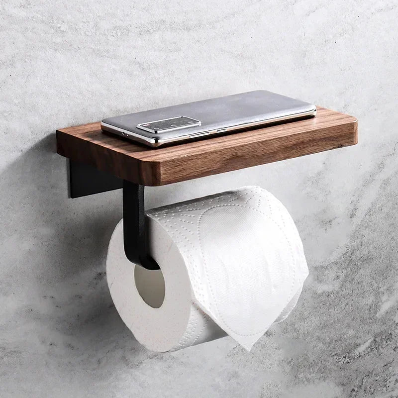 Toilet Paper Holder Wall-Mounted Wooden Phone Shelf