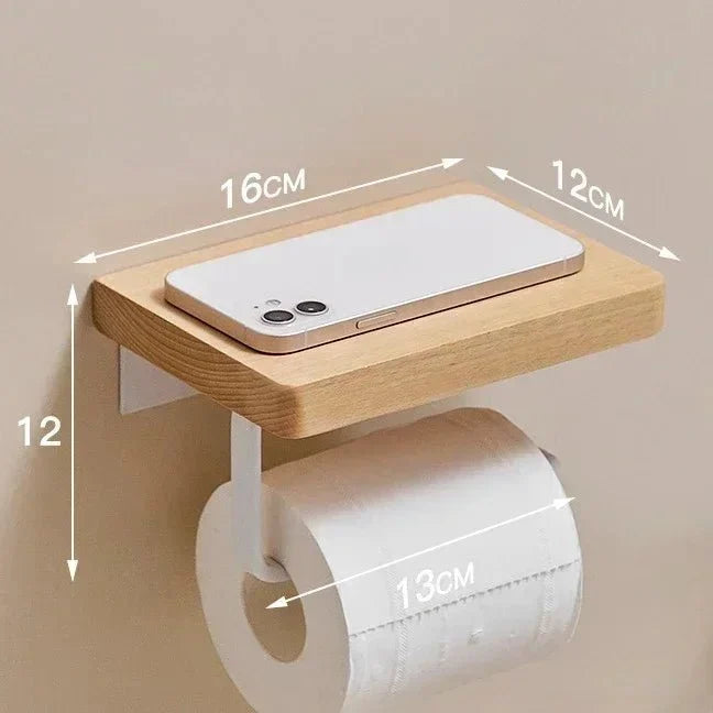Toilet Paper Holder Wall-Mounted Wooden Phone Shelf