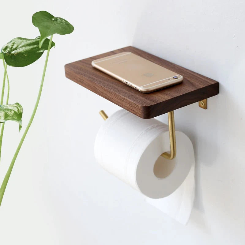Toilet Paper Holder With Shelf Walnut Wood Wall-Mounted