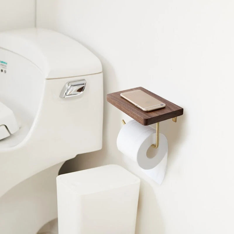 Toilet Paper Holder With Shelf Walnut Wood Wall-Mounted