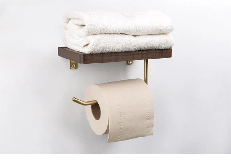 Toilet Paper Holder With Shelf Walnut Wood Wall-Mounted