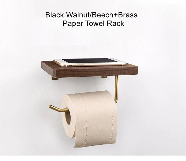 Toilet Paper Holder With Shelf Walnut Wood Wall-Mounted