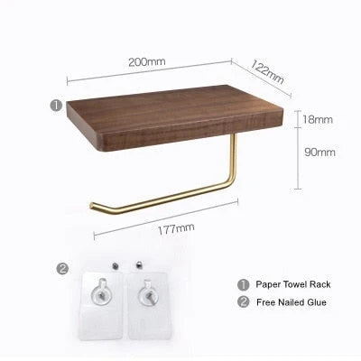 Toilet Paper Holder With Shelf Walnut Wood Wall-Mounted