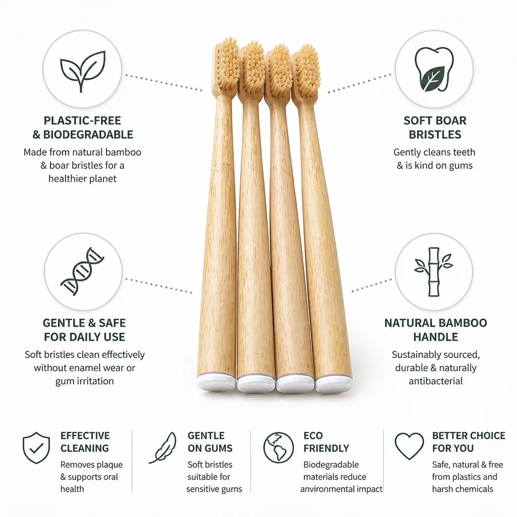 Toothbrush Bamboo Handle Plastic-Free Soft Boar Bristles