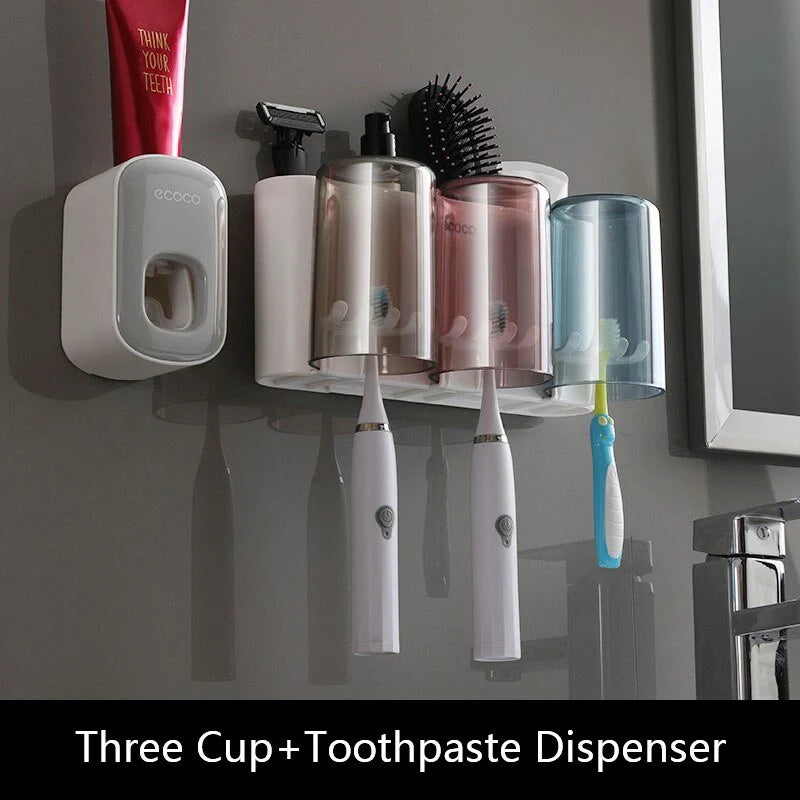 Toothbrush Holder With Toothpaste Squeezer & Cup Storage