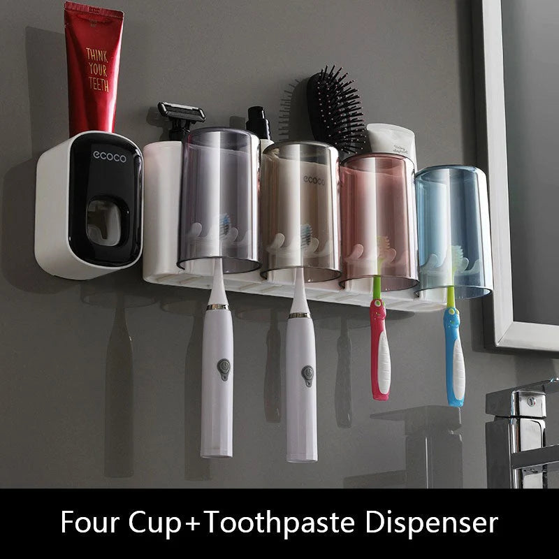 Toothbrush Holder With Toothpaste Squeezer & Cup Storage