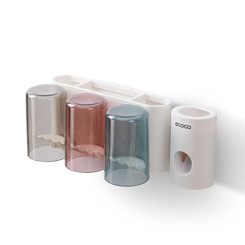 Toothbrush Holder With Toothpaste Squeezer & Cup Storage