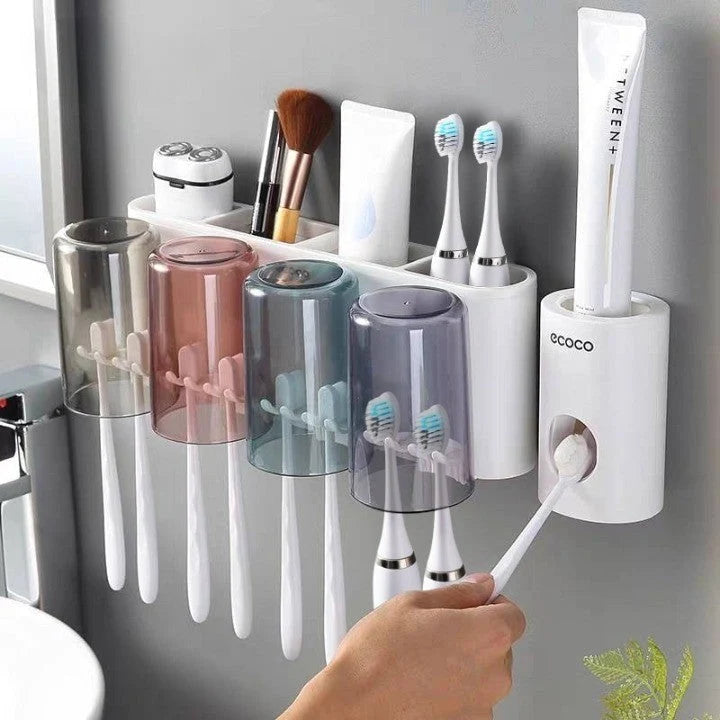 Toothbrush Holder With Toothpaste Squeezer & Cup Storage