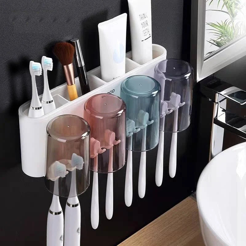 Toothbrush Holder With Toothpaste Squeezer & Cup Storage