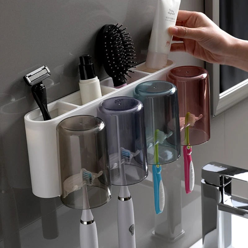 Toothbrush Holder With Toothpaste Squeezer & Cup Storage