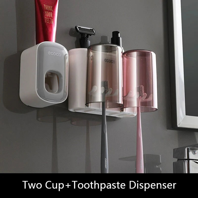 Toothbrush Holder With Toothpaste Squeezer & Cup Storage