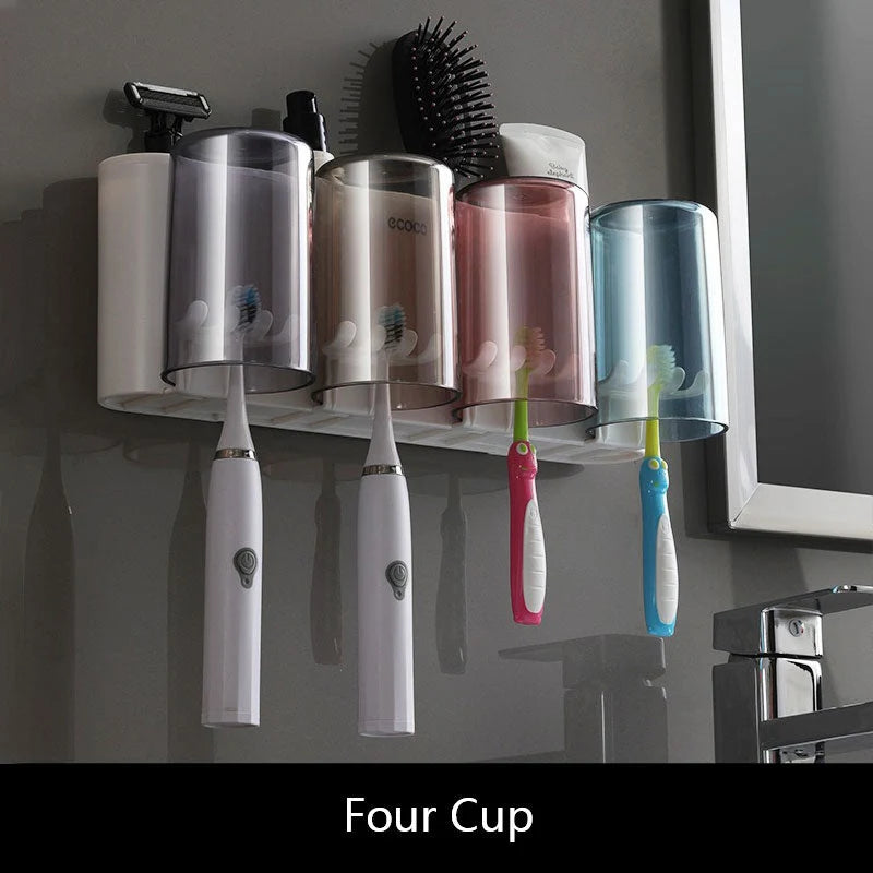 Toothbrush Holder With Toothpaste Squeezer & Cup Storage