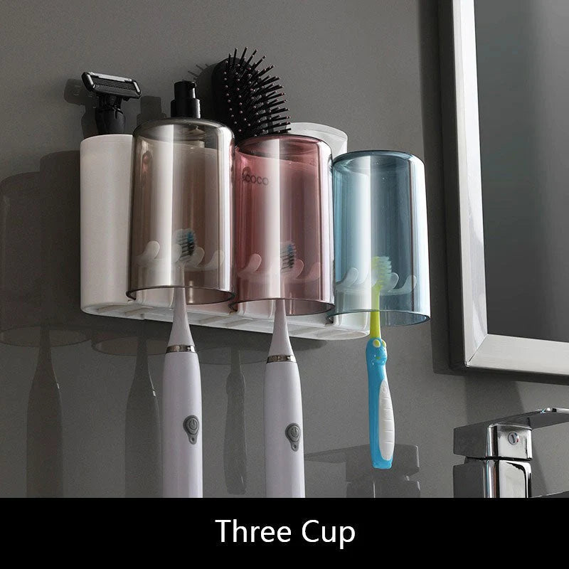 Toothbrush Holder With Toothpaste Squeezer & Cup Storage
