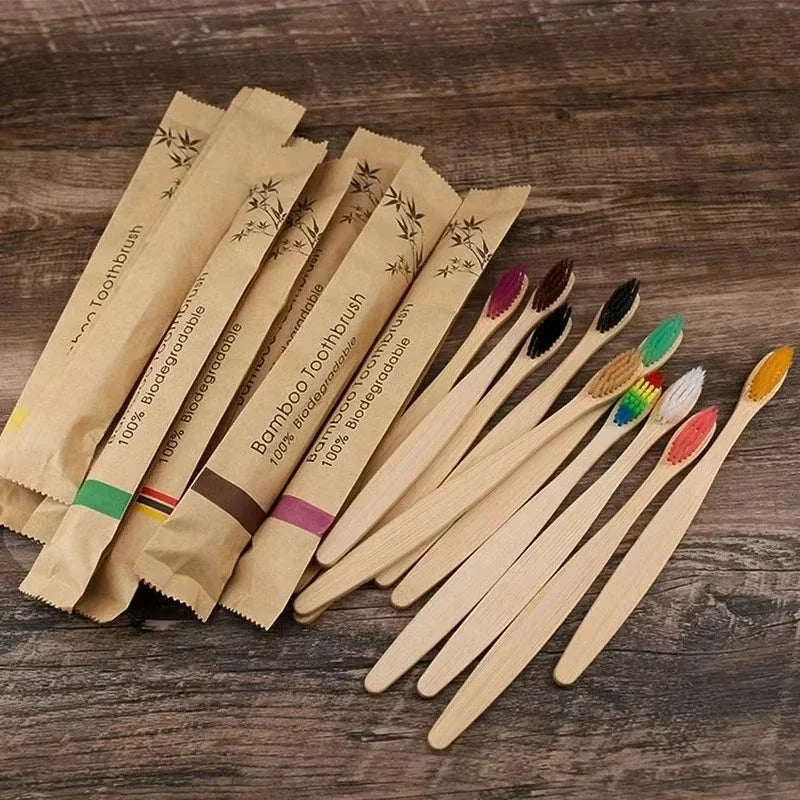 Toothbrush Set Bamboo Soft Bristles Individually Wrapped Ten Pack