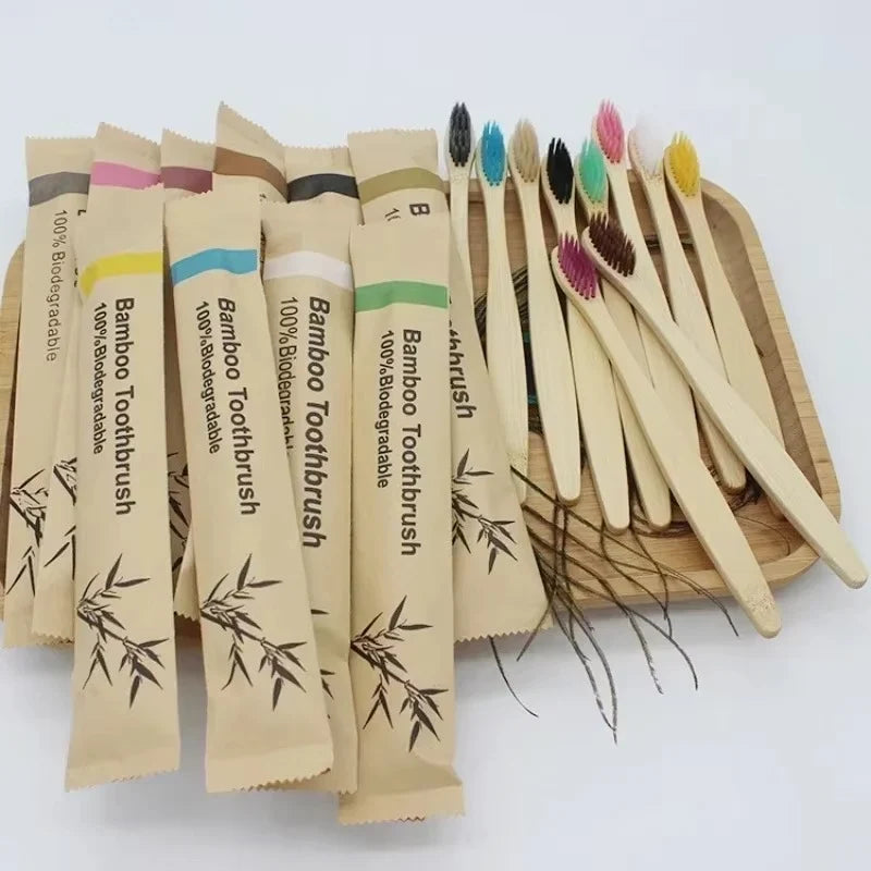 Toothbrush Set Bamboo Soft Bristles Individually Wrapped Ten Pack