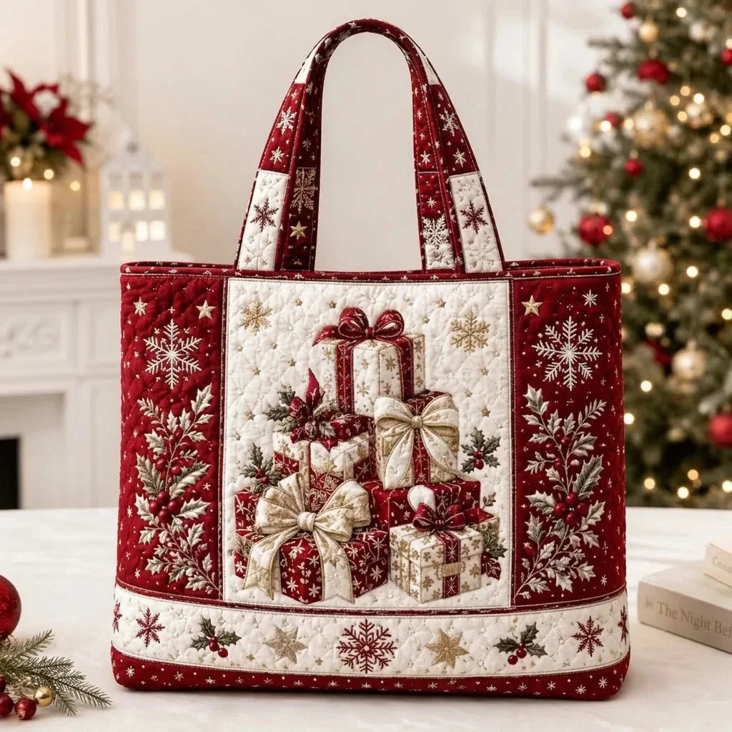 Tote Bag Quilted Christmas Print Reusable Roomy Shoulder Carry