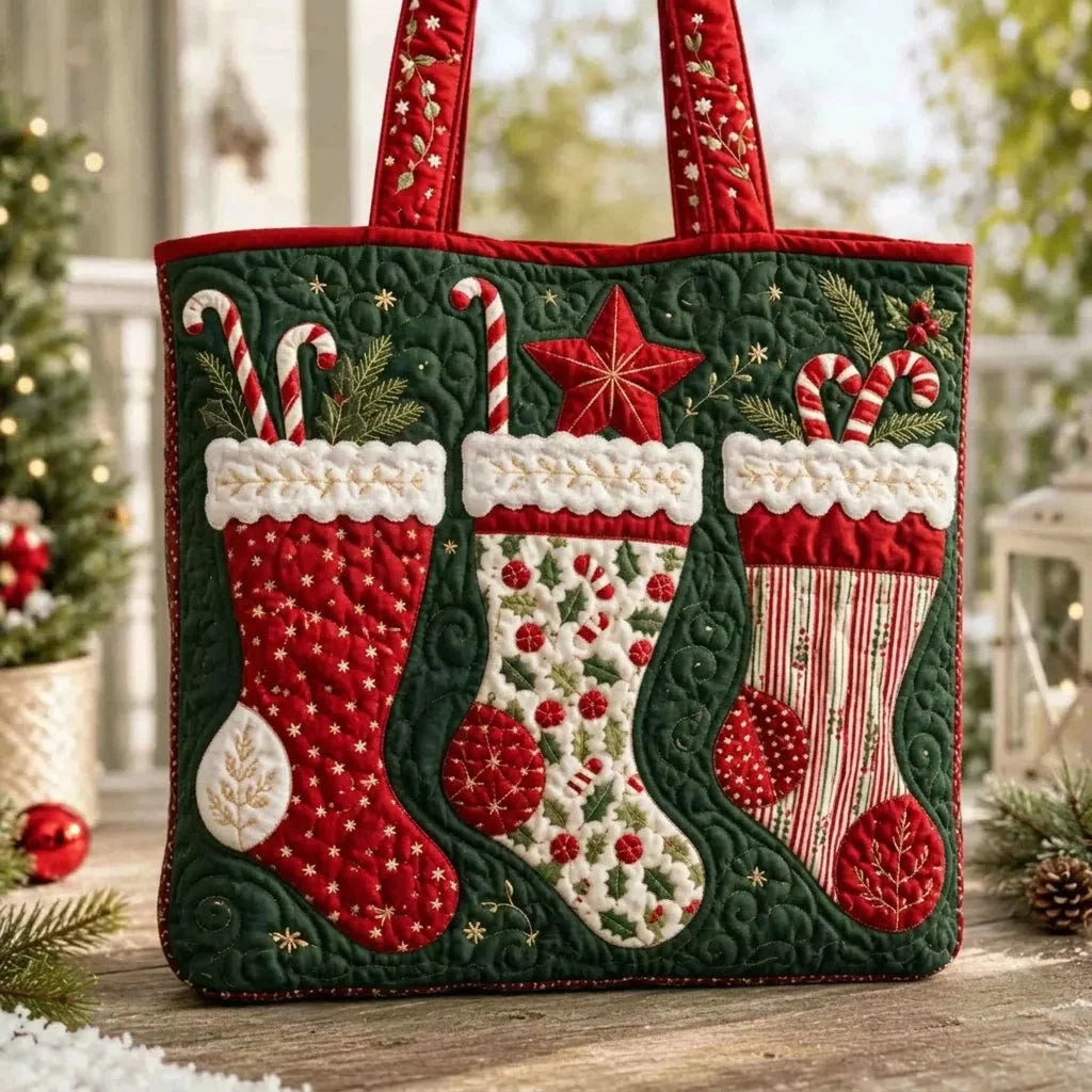 Tote Bag Quilted Christmas Print Reusable Roomy Shoulder Carry