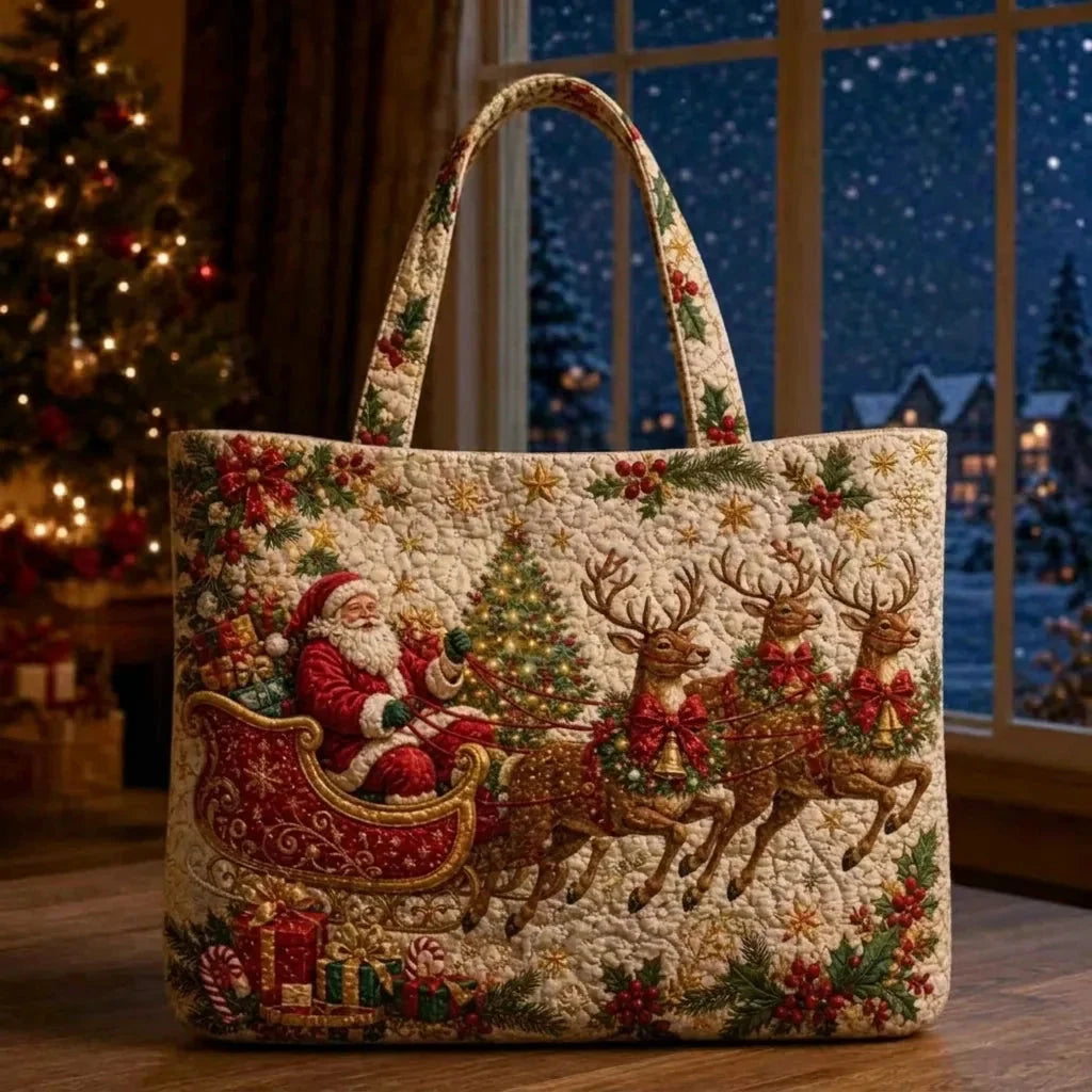Tote Bag Quilted Christmas Print Reusable Roomy Shoulder Carry