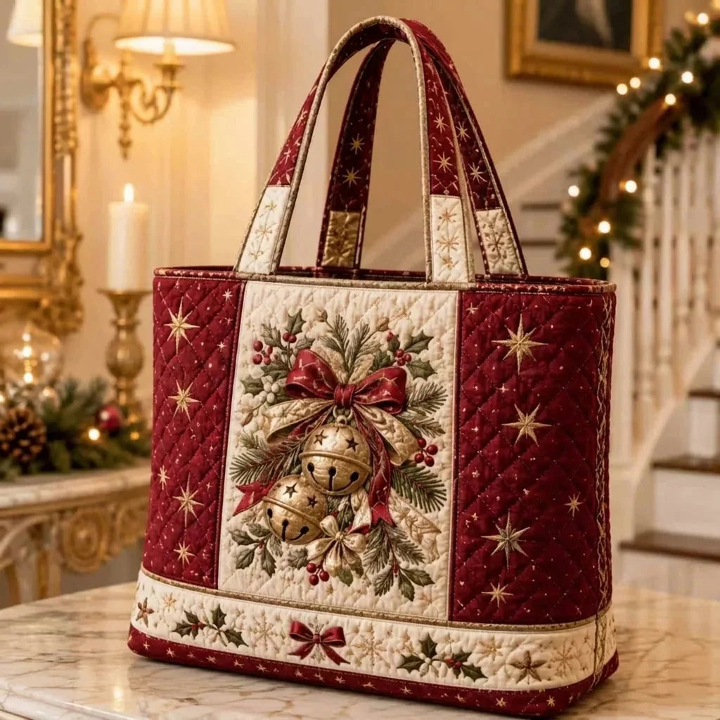Tote Bag Quilted Christmas Print Reusable Roomy Shoulder Carry