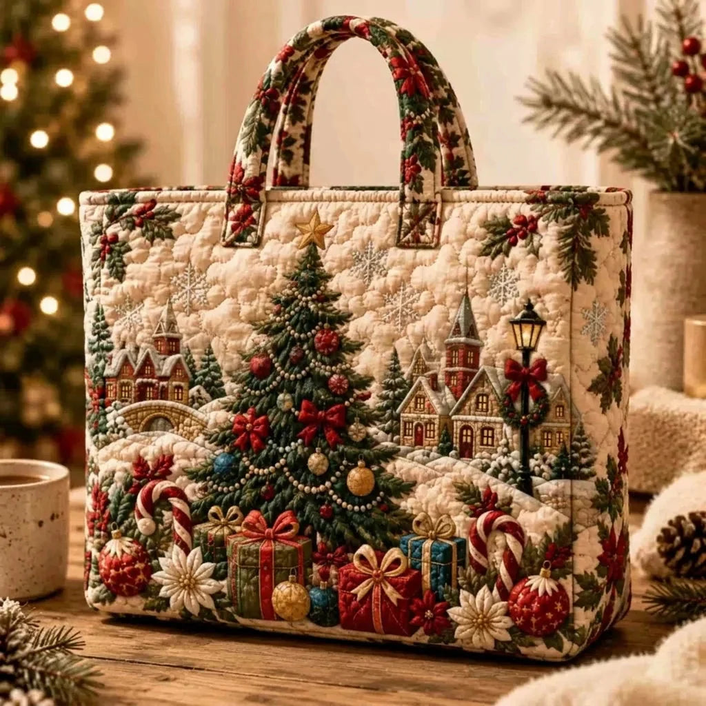Tote Bag Quilted Christmas Print Reusable Roomy Shoulder Carry