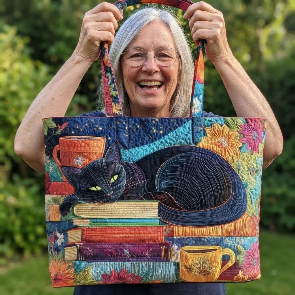 Tote Bag Quilted Cotton Blend Black Cat Print