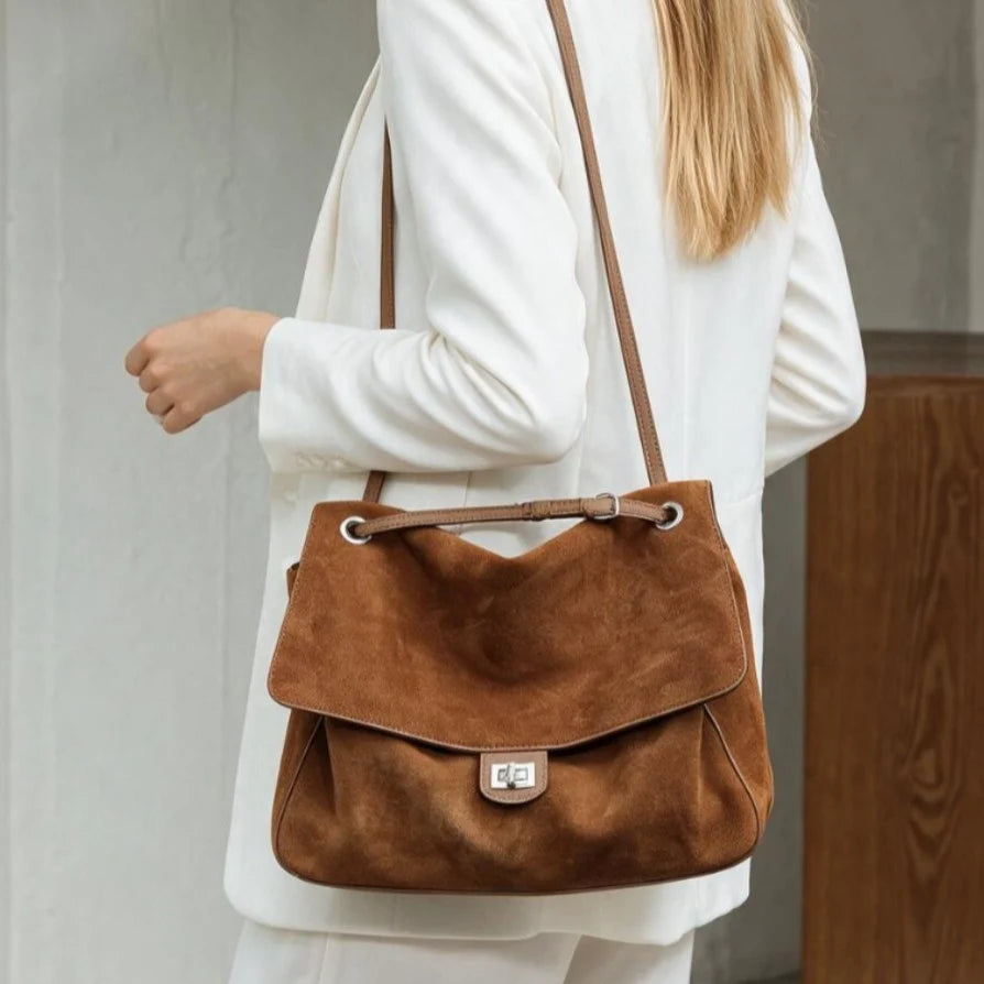 Tote Bag Suede Adjustable Strap Turn-Lock Closure